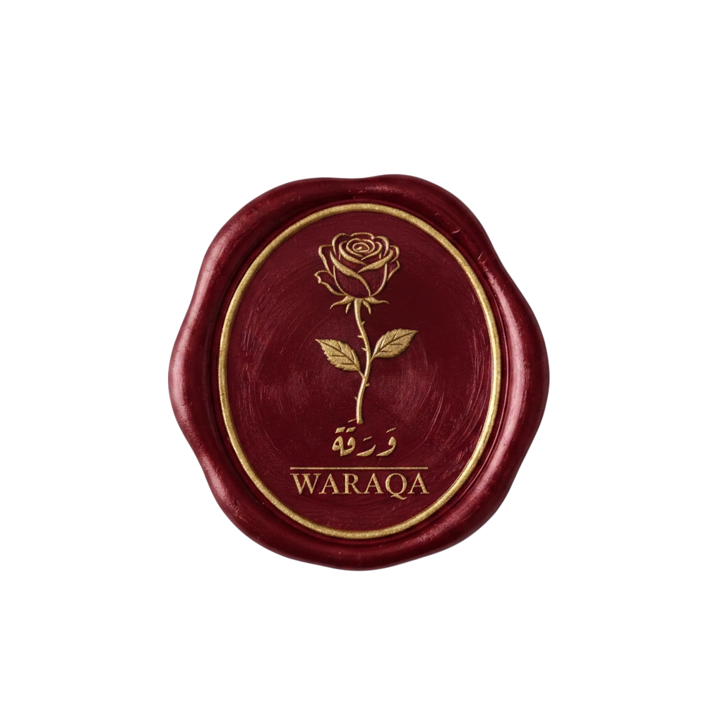 Ruby wax seal with a gold rose and the Waraqa wordmark